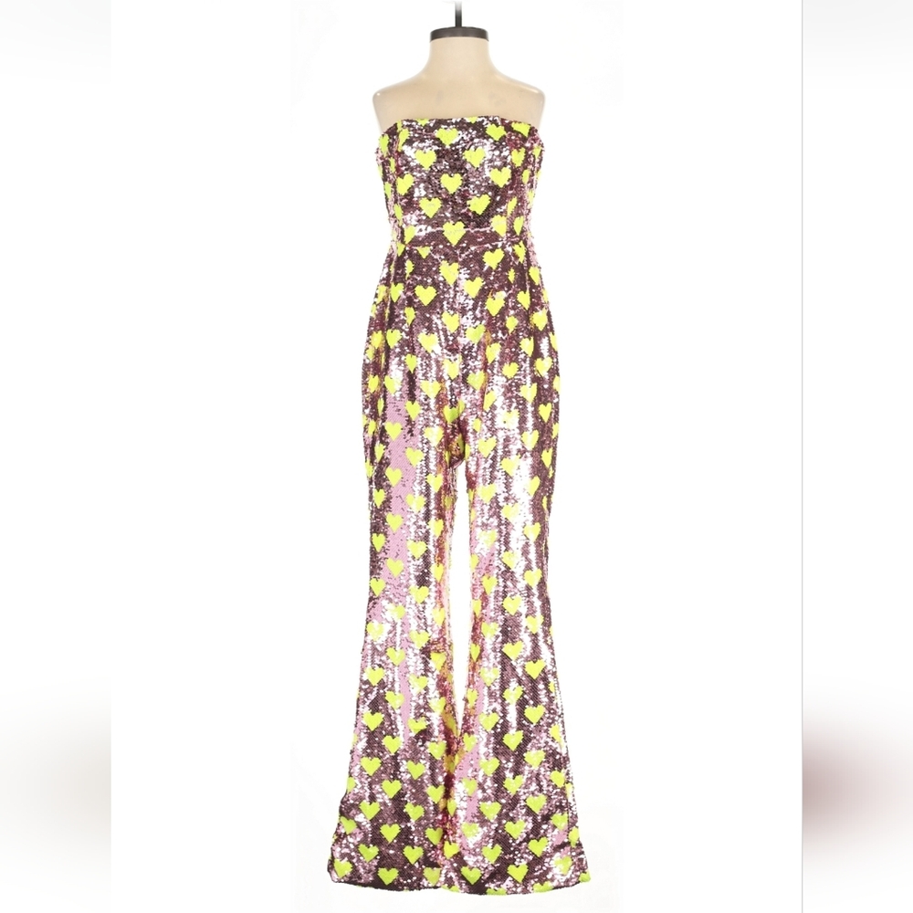 Nasty Gal Strapless Sequin Heart Jumpsuit in Pink and chartreuse - Picture 2 of 5